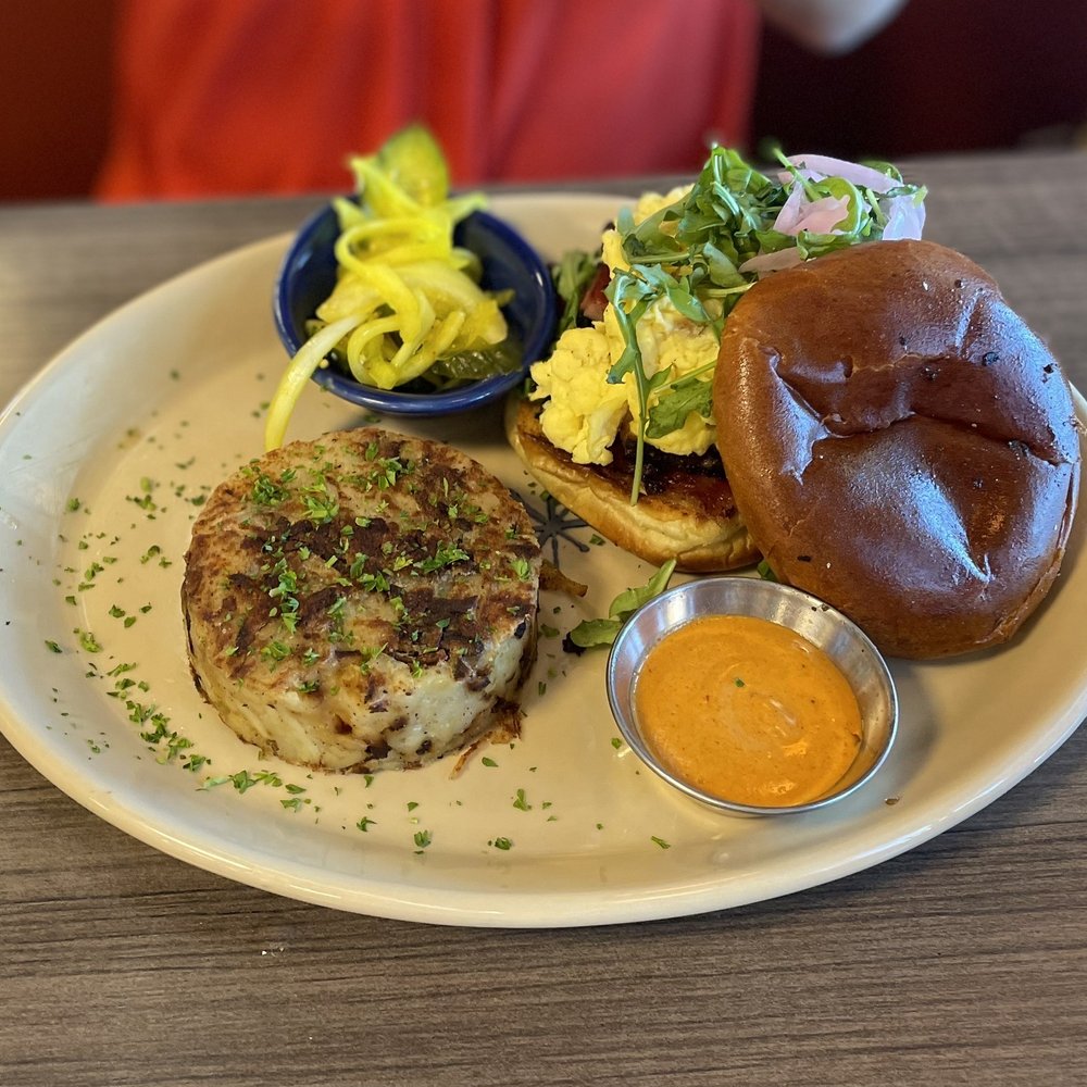 Snooze, an A.M. Eatery - Double bacon and egg sandwich on a pretzel bun ($17) 5/2023 - Breakfast & Brunch Near Me - Tucson, Arizona Snooze, an A.M. Eatery - Double bacon and egg sandwich on a pretzel bun ($17) 5/2023 - Breakfast & Brunch Near Me - Tucson, Arizona