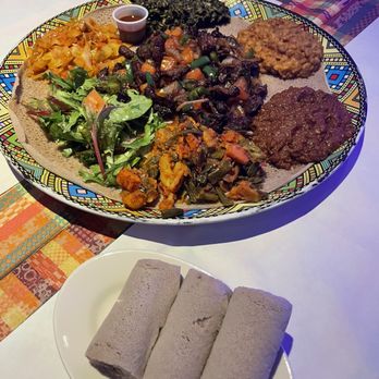 Enjera Restaurant - Vegetable platter with the crispy beef choice!! - Ethiopian Near Me - Arlington, Virginia Enjera Restaurant - Vegetable platter with the crispy beef choice!! - Ethiopian Near Me - Arlington, Virginia