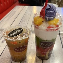 Passion fruit tea, ube halo halo. Passion fruit tea, ube halo halo.