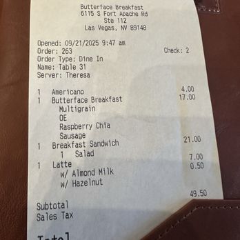 Butterface - Receipt for 2 - Breakfast & Brunch Near Me - Las Vegas, Nevada Butterface - Receipt for 2 - Breakfast & Brunch Near Me - Las Vegas, Nevada