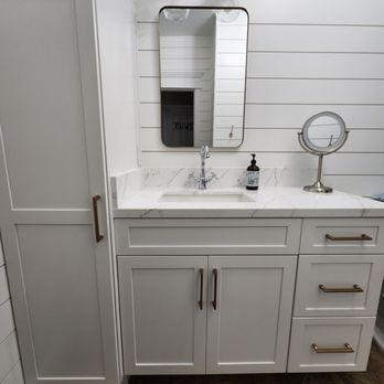 Humble Homes - Shiplap walls, new tower cabinet, vanity, and quartz countertop - General Contractors Near Me - Vista, California