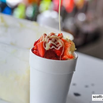 Brain Freeze Snowballs - Strawberry cheesecake flavor stuffed with cheesecake and strawberries then topped with the same - Shaved Snow Near Me - Broussard, Louisiana