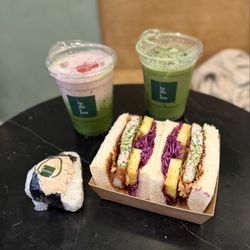 Matcha Latte w/ Strawberry Cream | Matcha Latte | Yuzu Salmon Onigiri | Tonkatsu with Pineapple Sando
