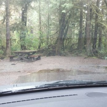 Green Point Campground - View of site 56 from the shelter of the car in the rain - Campgrounds Near Me - Tofino, British Columbia