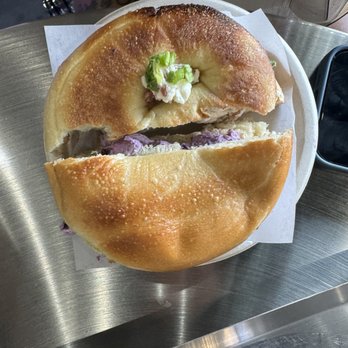 Cafe Upper - Bagel with half blueberry cream and half bacon and onion spread - Cafes Near Me - Los Angeles, California