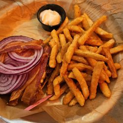 Fallston Barrel House - Fallston BYO Burger with fresh onions, cheese, bacon, fried egg, mayo and fries.