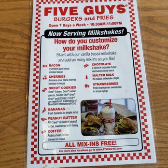 Five Guys - Shake menu - Burgers Near Me - Beaverton, Oregon Five Guys - Shake menu - Burgers Near Me - Beaverton, Oregon