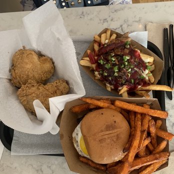 Block 16 - Pc Farm Fried Chicken Thighs, Poutine Fries, Croque Garcon Burger Combo with Sweet Potato Fries. DELICIOUSSS - American Near Me - Omaha, Nebraska Block 16 - Pc Farm Fried Chicken Thighs, Poutine Fries, Croque Garcon Burger Combo with Sweet Potato Fries. DELICIOUSSS - American Near Me - Omaha, Nebraska
