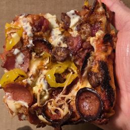 One Pie Pizza - QTR Sheet (6 slices) Three Little Pigs Pizza, add Ricotta & Banana Peppers, "WELL DONE" cook - pizza, food - Pizza Near Me - West Seneca, New York