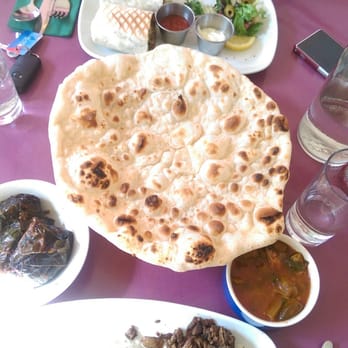 Pomegranate Restaurant - Chicken swarma,  vine leaves,  bamya, and naan bread. - Middle Eastern Near Me - Edinburgh, EDH