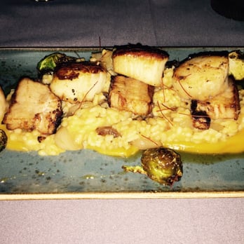 Five Steakhouse - Scallops with pork belly served over pumpkin risotto - delicious! - Wine Bars Near Me - Plymouth, Michigan Five Steakhouse - Scallops with pork belly served over pumpkin risotto - delicious! - Wine Bars Near Me - Plymouth, Michigan