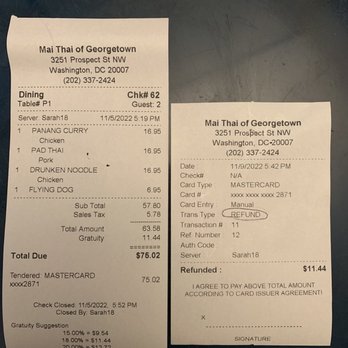 Mai Thai - Refund for a he 18% tip the staff added without my husband's authorization - Thai Near Me - Washington, DC, District of Columbia Mai Thai - Refund for a he 18% tip the staff added without my husband's authorization - Thai Near Me - Washington, DC, District of Columbia