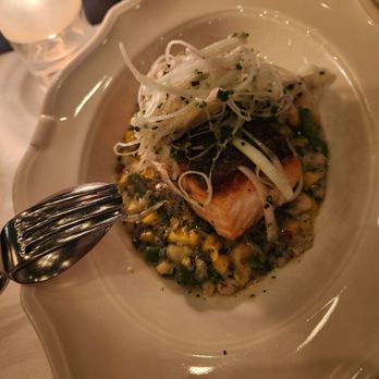 Osteria Mozza - Pan seared salmon with summer succotash - Italian Near Me - Los Angeles, California Osteria Mozza - Pan seared salmon with summer succotash - Italian Near Me - Los Angeles, California
