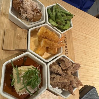Kyuramen - Honey comb sampler (Agedashi Tofu Shrimp Tempura(4Pcs) Chili Garlic Edamame Popcorn Chicken) - Ramen Near Me - Henderson, Nevada Kyuramen - Honey comb sampler (Agedashi Tofu Shrimp Tempura(4Pcs) Chili Garlic Edamame Popcorn Chicken) - Ramen Near Me - Henderson, Nevada