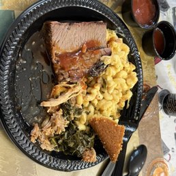 Brisket, Mac and cheese, collard greens & pulled chicken. Brisket, Mac and cheese, collard greens & pulled chicken.