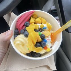 Mango, blueberry and mini mms over pomegranate pineapple and euro tart froyo
