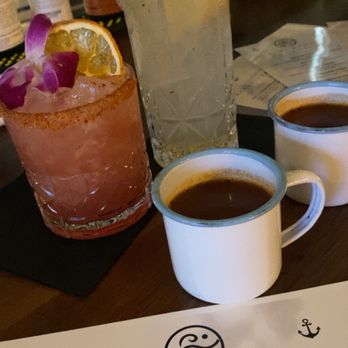 Blu Seafood - Paloma and Tropical Dawn with complimentary seafood broth... Sooo good!!! - Seafood Near Me - Gilbert, Arizona