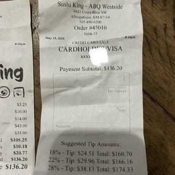 Sushi King - Wanting more gratuity on top of the automatically added gratuity? - Sushi Bars Near Me - Albuquerque, New Mexico