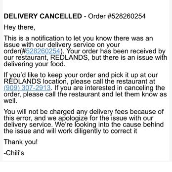 Chili's - Cancelled order with wrong address - Tex-Mex Near Me - Redlands, California