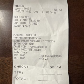 Bonefish Grill - This was our first dinner $66.14. Dinner for two with rotting broccoli and small pieces of fish. - Seafood Near Me - Cape Coral, Florida
