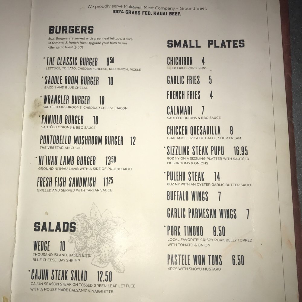 The Saddle Room - Menu ...these prices are so reasonable compared to anywhere else I've been on this island for dinner! And the atmosphere is so chill! - Dive Bars Near Me - Waimea, Hawaii The Saddle Room - Menu ...these prices are so reasonable compared to anywhere else I've been on this island for dinner! And the atmosphere is so chill! - Dive Bars Near Me - Waimea, Hawaii