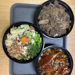 Tuna Poke 2 - Bulgogi beef, unagi bowl, and regular sized poke bowl with salmon, tuna, and spicy tuna and sweet sauce! All perfect portions!!