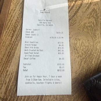 Danville Harvest - The bill - New American Near Me - Danville, California Danville Harvest - The bill - New American Near Me - Danville, California