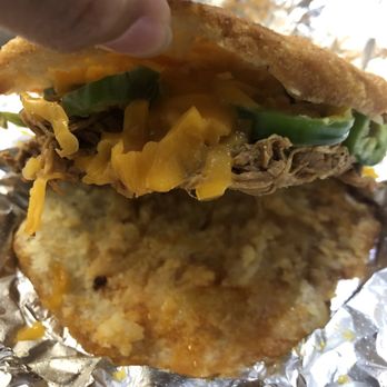 Patacon Pisao - Arepa Mexicana- Shredded beef, shredded cheddar cheese, green jalapeños - Venezuelan Near Me - Elmhurst, New York Patacon Pisao - Arepa Mexicana- Shredded beef, shredded cheddar cheese, green jalapeños - Venezuelan Near Me - Elmhurst, New York