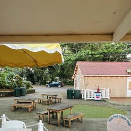 Looking out from the coffee shop, next to a little brewery and shaved ice spot.