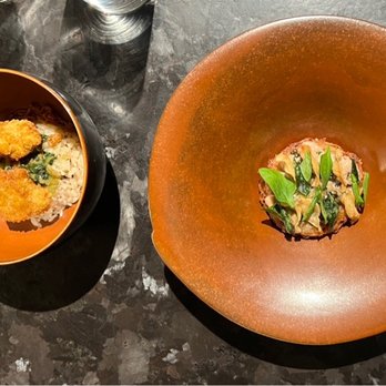 Atomix - Left: fried oyster and rice. Right: pancake - Korean Near Me - New York, New York