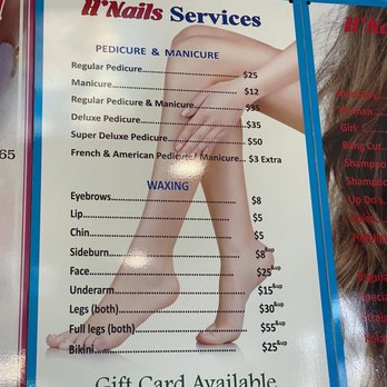 H Nails - The menu lists prices for pedicure, manicure, waxing, and bikini services at H'Nails, with a background image of legs and feet. - Nail Salons Near Me - Elgin, Texas