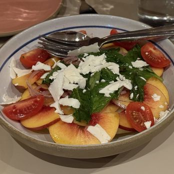 Super Nice Pizza - Seasonal melon and peach salad with onion, tomato, feta, basil, and mint - Pizza Near Me - New York, New York Super Nice Pizza - Seasonal melon and peach salad with onion, tomato, feta, basil, and mint - Pizza Near Me - New York, New York