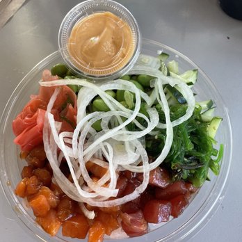 Aloha Poke - Custom poke bowl with 1/2 salmon and 1/2 tuna marinated - Hawaiian Near Me - Boca Raton, Florida