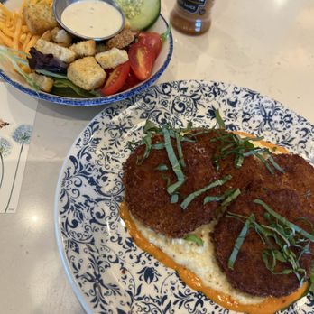 Tupelo Honey Southern Kitchen & Bar - Famous Fried Green Tomatoes*and House Side Salad (GF) - New American Near Me - Irving, Texas