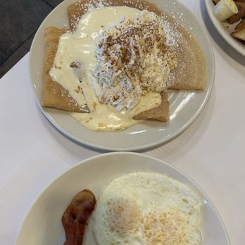 OUI Pancake N Eggs - Tiramisu crepes with eggs , hash brown and bacon stripes - American Near Me - Temecula, California OUI Pancake N Eggs - Tiramisu crepes with eggs , hash brown and bacon stripes - American Near Me - Temecula, California