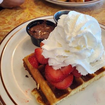 Belgian Waffle Works - My daughter's half Waffle with a side of nutella and Strawberries, banana and cream - Burgers Near Me - Lake Arrowhead, California
