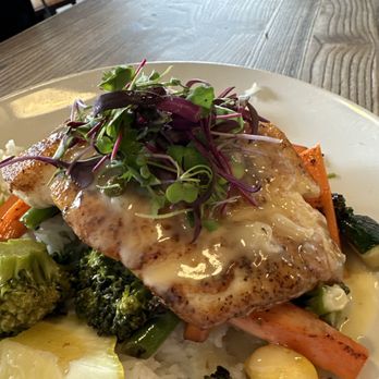 Hook & Anchor - Fresh halibut plate, cilantro rice, grilled vegetables, buerre blanc sauce - Seafood Near Me - Costa Mesa, California Hook & Anchor - Fresh halibut plate, cilantro rice, grilled vegetables, buerre blanc sauce - Seafood Near Me - Costa Mesa, California
