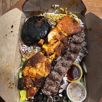 Chortke - Platter 1 - ground beef and spicy chicken kebabs with half rice-half salad base to go - Persian/Iranian Near Me - Rochester, New York