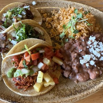 Vida Modern Mexican + Tequila - Two Asada and One Al Pastor Street Taco with Beans and Rice (Taco Tuesday deal) - Mexican Near Me - Redondo Beach, California Vida Modern Mexican + Tequila - Two Asada and One Al Pastor Street Taco with Beans and Rice (Taco Tuesday deal) - Mexican Near Me - Redondo Beach, California