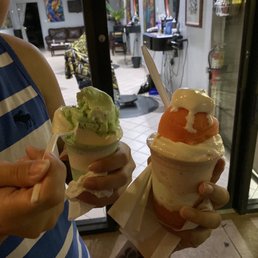 My boyfriend had the pistachio and vanilla ice cream, and I had the Tropical paradise and vanilla ice cream with Passion fruit Italian ice! My boyfriend had the pistachio and vanilla ice cream, and I had the Tropical paradise and vanilla ice cream with Passion fruit Italian ice!