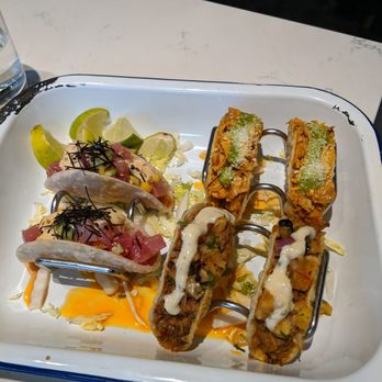 Whiskey Bird - Gyoza tacos (Hawaiian tuna, Peruvian chicken, - New American Near Me - Atlanta, Georgia Whiskey Bird - Gyoza tacos (Hawaiian tuna, Peruvian chicken, - New American Near Me - Atlanta, Georgia