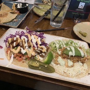 Tio Taco + Tequila Bar - Left to right: shrimp taco; chicken tinga taco - Mexican Near Me - Edison, New Jersey