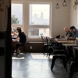 Inside view with cityscape behind