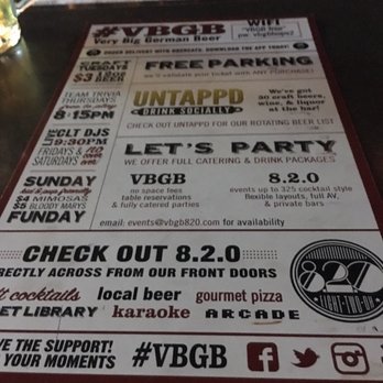 VBGB Beer Hall and Garden - Back of menu with events - Bars Near Me - Charlotte, North Carolina VBGB Beer Hall and Garden - Back of menu with events - Bars Near Me - Charlotte, North Carolina