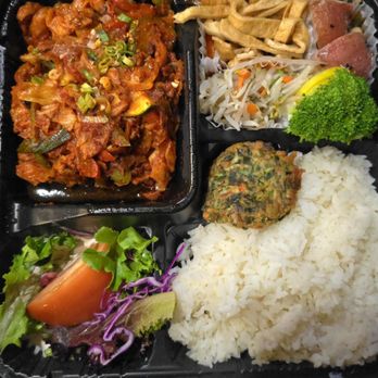 Rolly Kimbab - Spicy Pork, Squid, & Bulgogi Meal. Comes with white rice, salad,  fish cakes, potato, vegetables, veg pancake. Really delicious Bento. - Korean Near Me - Bayside, New York