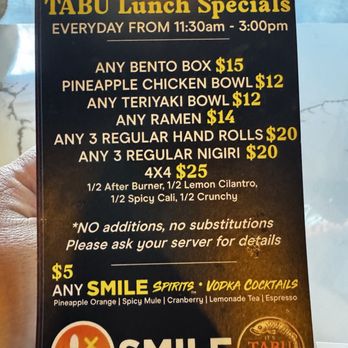 It's Tabu Sushi Bar & Grill - Lunch specials - Sushi Bars Near Me - Temecula, California It's Tabu Sushi Bar & Grill - Lunch specials - Sushi Bars Near Me - Temecula, California