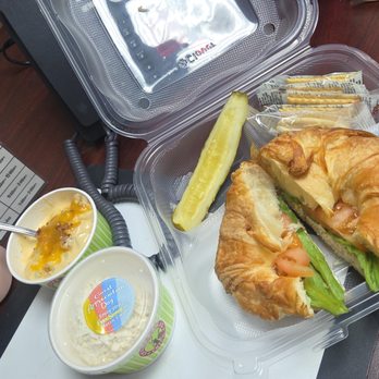 Chicken Salad Chick - Sassy Scotty with lettuce and tomato on a Croissant. A free scoop of the Classic Carol, cup of Loaded Potato Soup, pickle & crackers - Sandwiches Near Me - Johnstown, Colorado