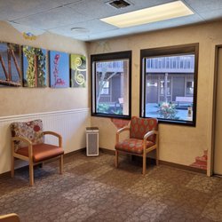 Lafayette Orthodontics - Waiting room with view of courtyard