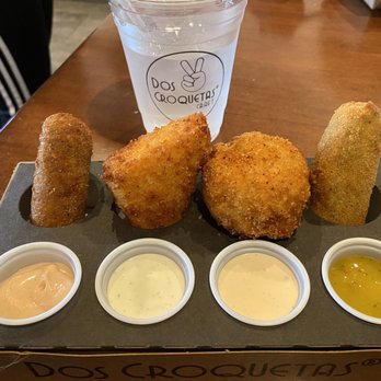 Dos Croquetas - From left to right: 305, Mac & Cheese w/bacon, Mexican Street Corn, Creamy Spinach. - Bakeries Near Me - Miami, Florida Dos Croquetas - From left to right: 305, Mac & Cheese w/bacon, Mexican Street Corn, Creamy Spinach. - Bakeries Near Me - Miami, Florida