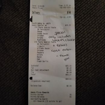 Amano Pizza - Receipt showing the amount I was actually charged - Pizza Near Me - Matawan, New Jersey